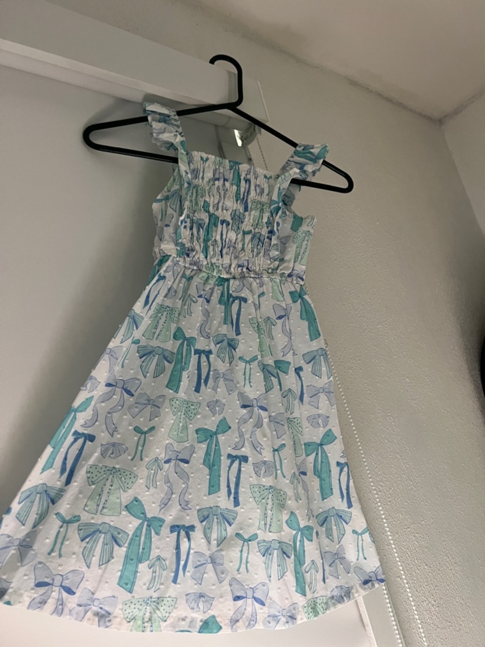 Girls White Dress with Teal & Blue Bow Print - Kids Dress